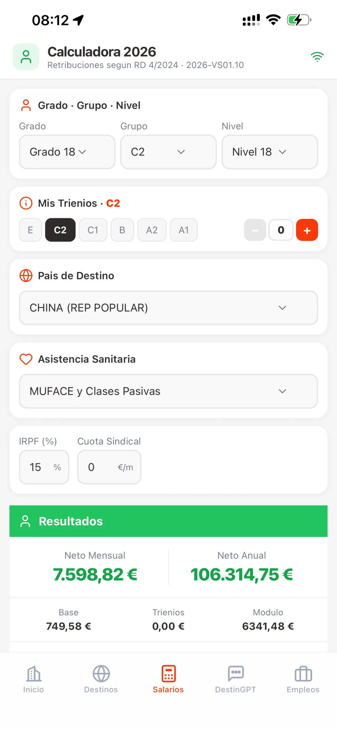 Detalles económicos de un destino en la app destinGO